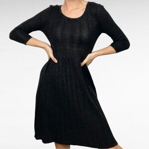 Cynthia Rowley | Black Wool Cable Knit A-Line Flare 3/4 Sleeve Sweater Dress